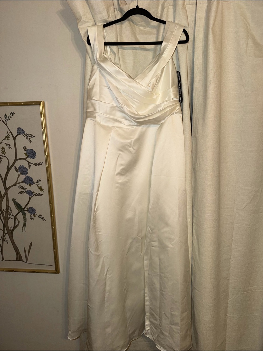 David's Bridal White Satin A-Line Wedding Dress with Draped Bodice